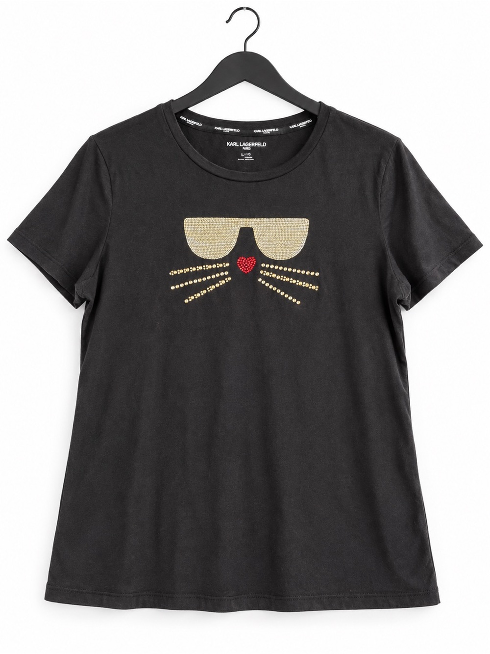 Karl Lagerfeld Paris Black Rhinestone Cat Graphic Tee Size S